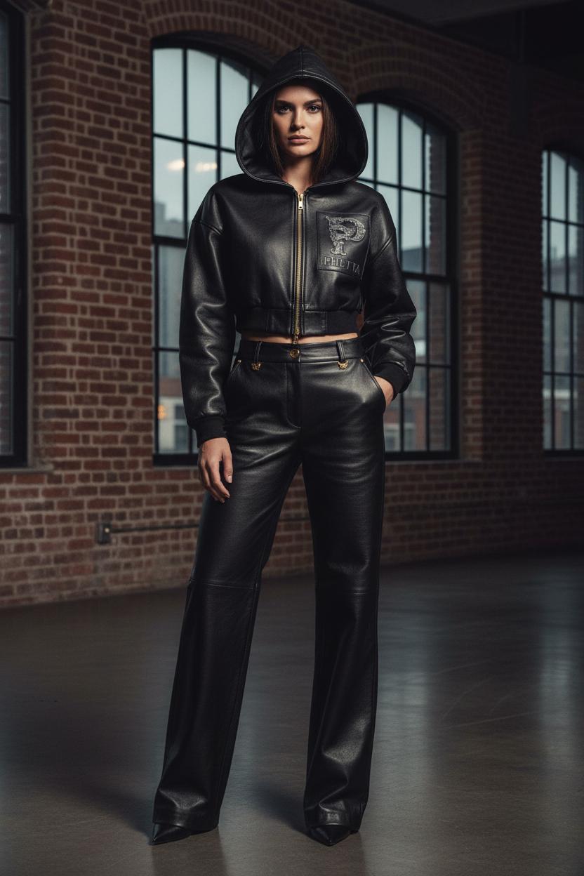 Black Leather Hoodie Set